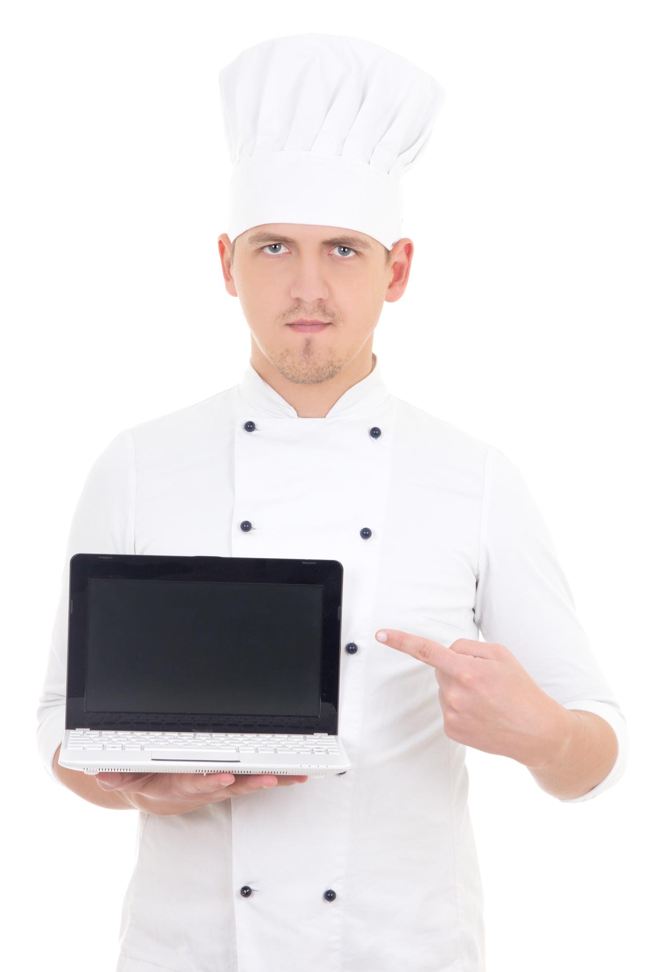 Chef teaching online cooking class on laptop